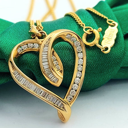 Ladies Yellow Gold 9ct (375, 9K) Open Heart Channel-Set Diamonds (1ct) Necklace