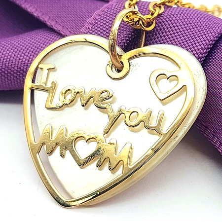 Ladies Yellow Gold 9ct (375,9K) 'I Love You Mom' Mother of Pearl Heart Pendant