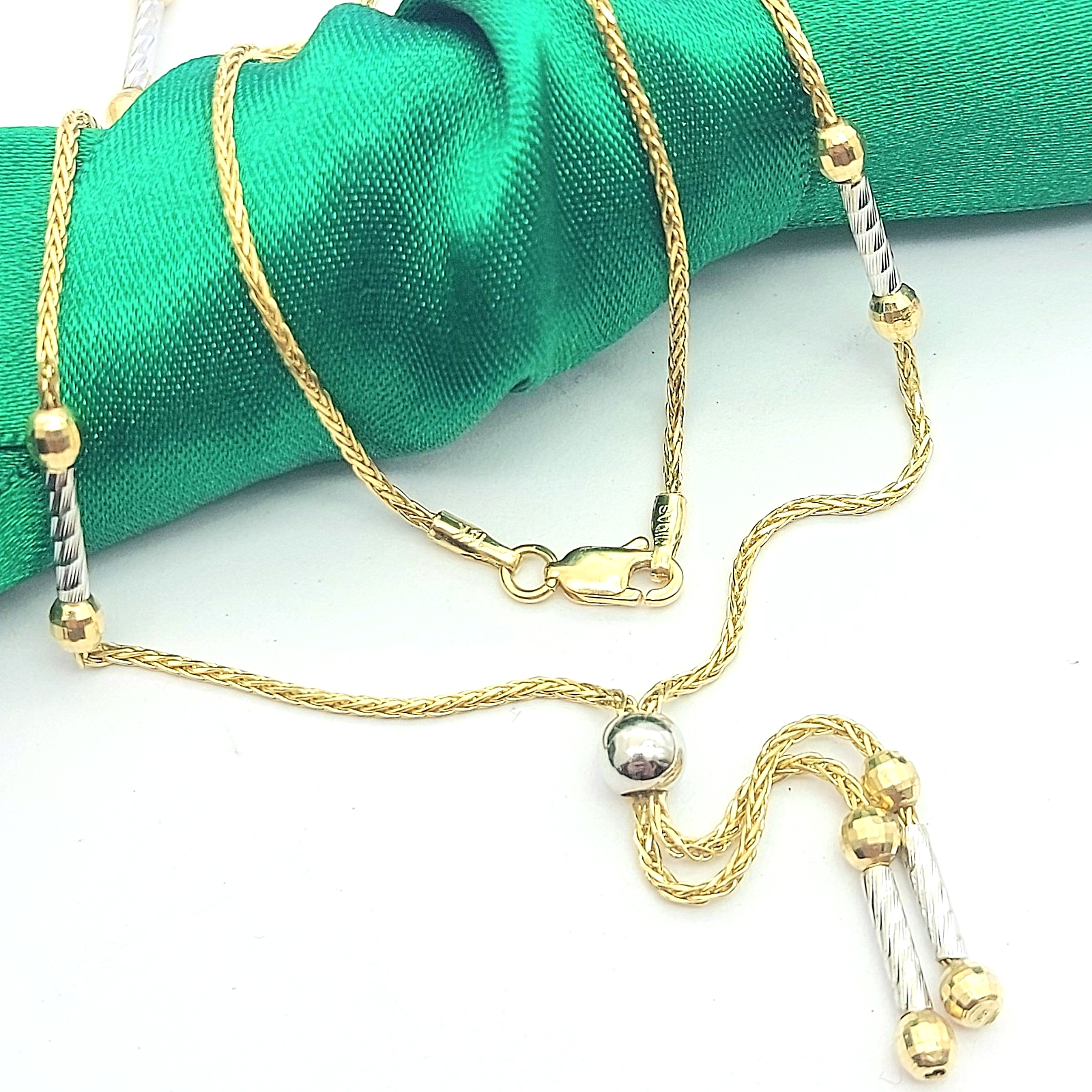 Midas Wheat Chain & Disco Cut Bead Two-Tone 14ct (585,14K) Tassel Drop Necklace