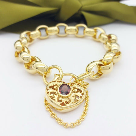 Ladies 9ct (375,9K) Yellow Gold Belcher Chain Bracelet w/ Garnet Heart Padlock