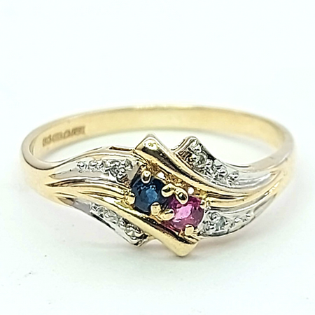 Antique Yellow Gold 9ct (375,9k) Natural Ruby, Sapphire & Diamonds Wavy Ring