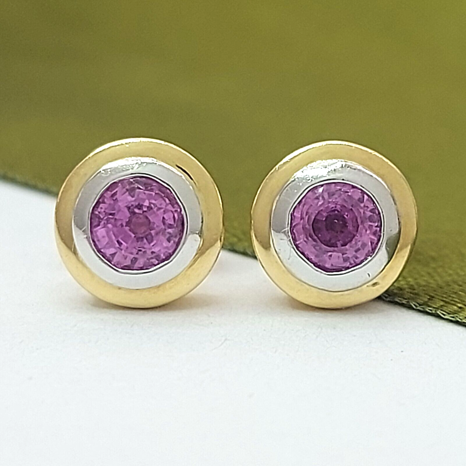 Ladies Earrings 18ct (750, 18K) Two-Tone Gold Pink Sapphire Stone Stud Earrings