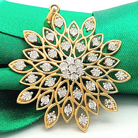 Ladies Yellow Gold 9ct (375, 9K) Openwork Floral Burst Natural Diamonds Pendant