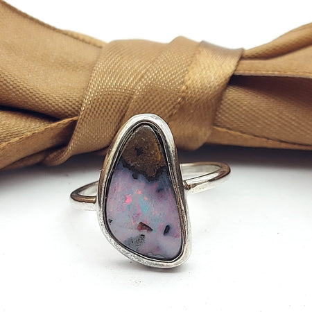 Ladies Sterling Silver (925) Solitaire Natural Solid Triangular Opal Ring