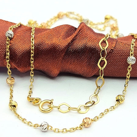 Ladies Tri-Tone Gold 18ct (750, 18K) Anchor Link Diamond Cut Beads Necklace