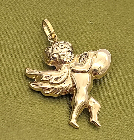 Unisex 9ct (375, 9K) Yellow Gold Baby Cupid Holding Heart Pendant
