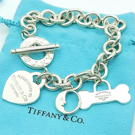 Ladies Tiffany & Co. 925 Sterling Silver Heart Tag/ Bone/ Moon Charms Bracelet
