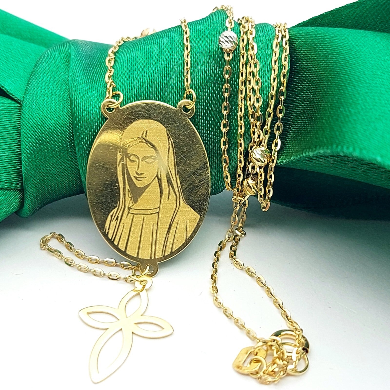 Virgin Mary Rosary Tri-Tone Gold 18ct (750, 18K) Cross & Beads Necklace