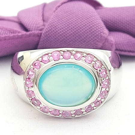 Ladies White Gold 14ct (585,14k) Natural Aquamarine Cabochon &Pink Sapphire Ring