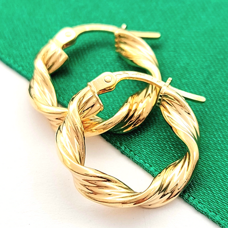 Ladies Yellow Gold 9ct (375, 9K) Small Twist Fine Grooves Hoop Earrings