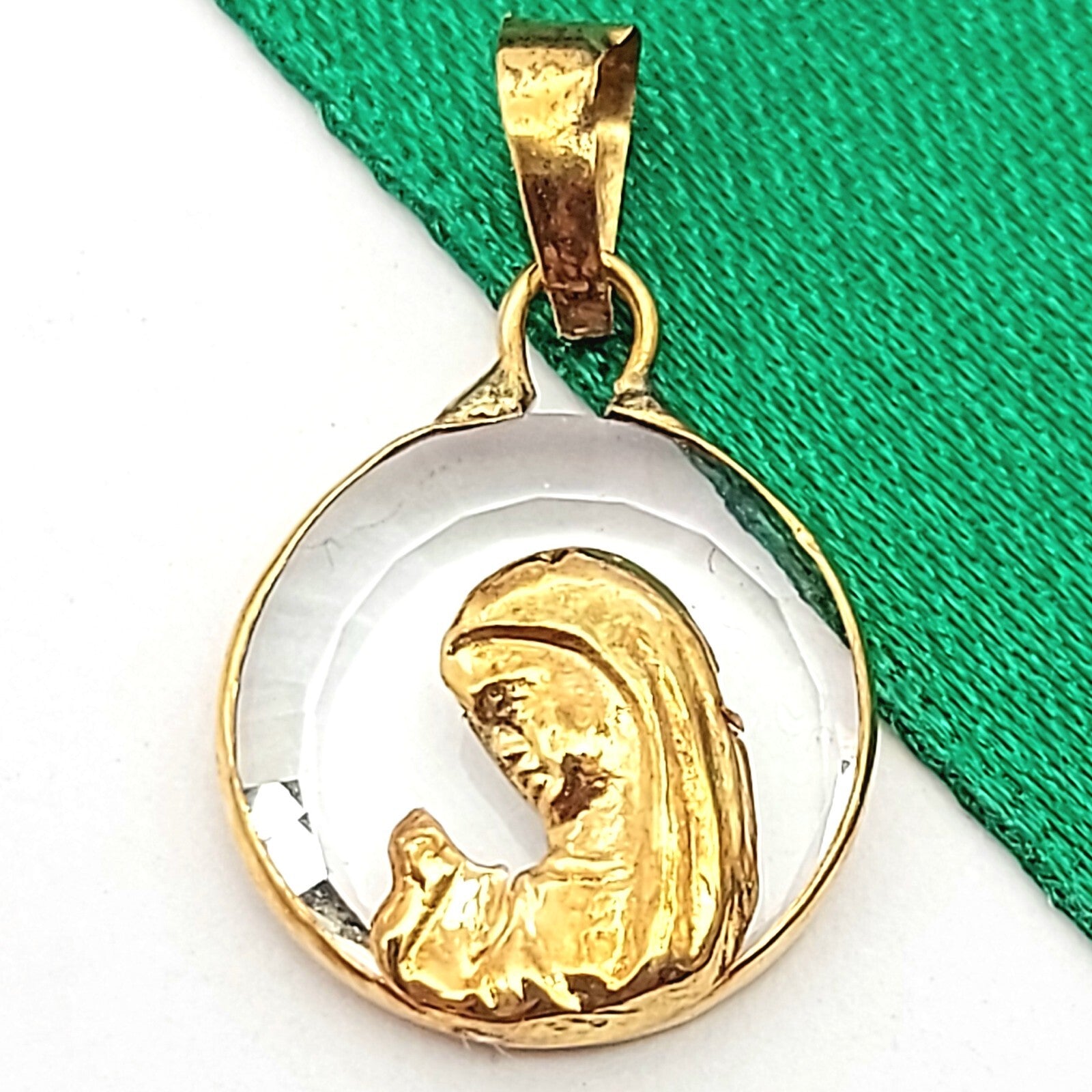 Rare Virgin Mary Yellow Gold 9ct (375, 9K) Round Translucent Glass Charm