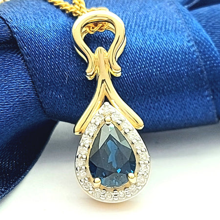 Ladies Yellow Gold 9ct (375, 9K) Teardrop Natural Sapphire & Diamonds Pendant
