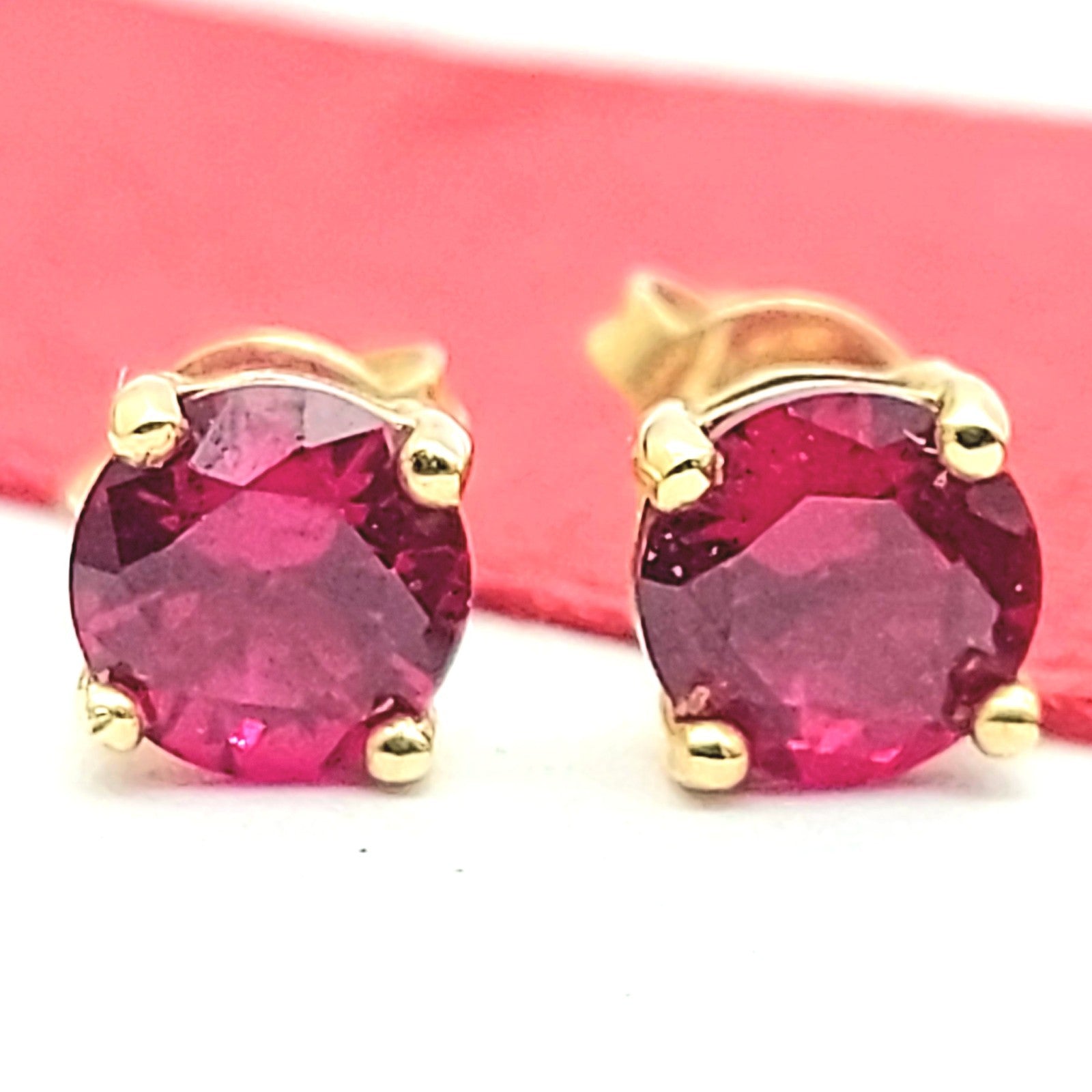Ladies Yellow Gold 9ct (375, 9k) Solitaire Round Created Rubies Stud Earrings