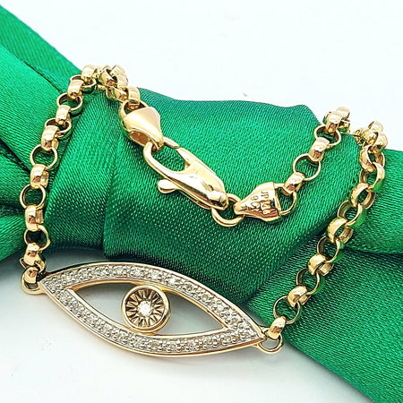 Ladies Yellow Gold 9ct (375,9K) Belcher Chain Natural Diamonds Evil Eye Bracelet