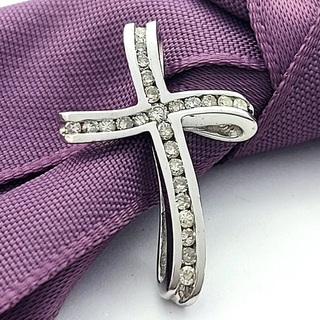 Ladies White Gold 9ct (375, 9K) Rare Swirl Channel-set Diamonds Cross Pendant