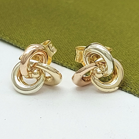 Ladies Earrings 10ct (417, 10K) MHJ Three-Tone Gold Swirl/Knot Stud Earrings