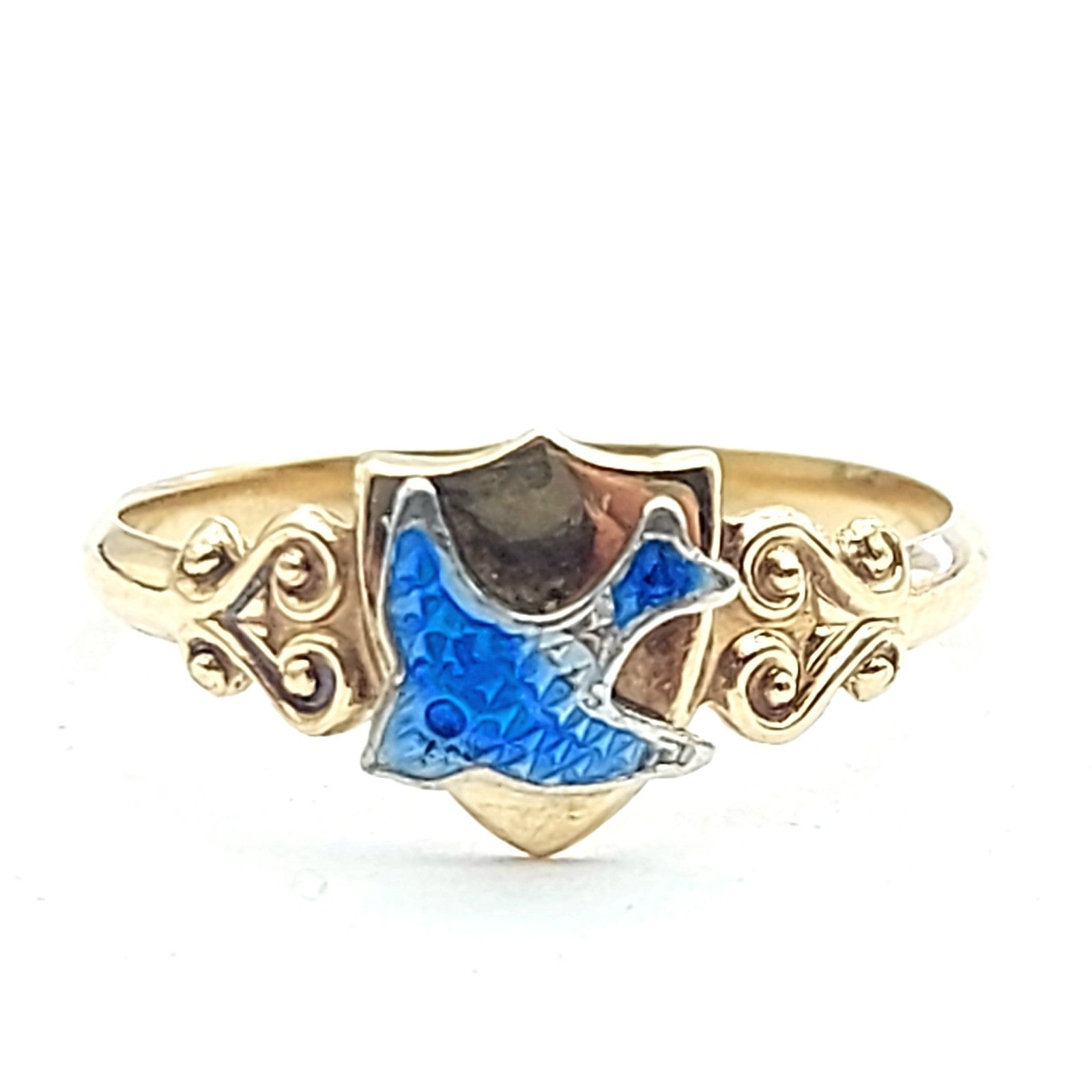 Ladies Yellow Gold 9ct (375, 9K) Antique Shield Blue Enamel Dove Ring