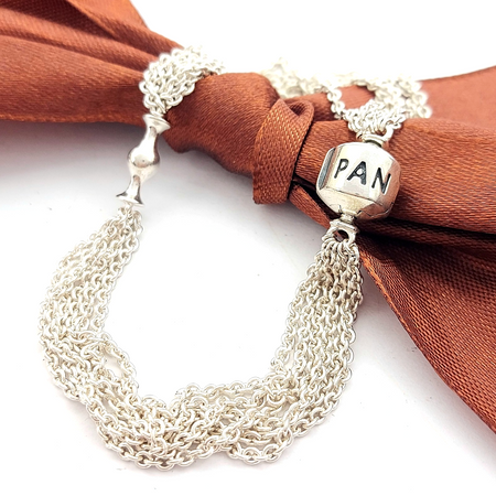 Pandora (925) Sterling Silver Multi Strand Anchor Link Mesh Snap Clip Bracelet
