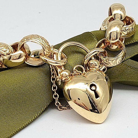 Ladies Yellow Gold MHJ 10ct (417, 10k) Belcher Chain Heart Padlock Bracelet