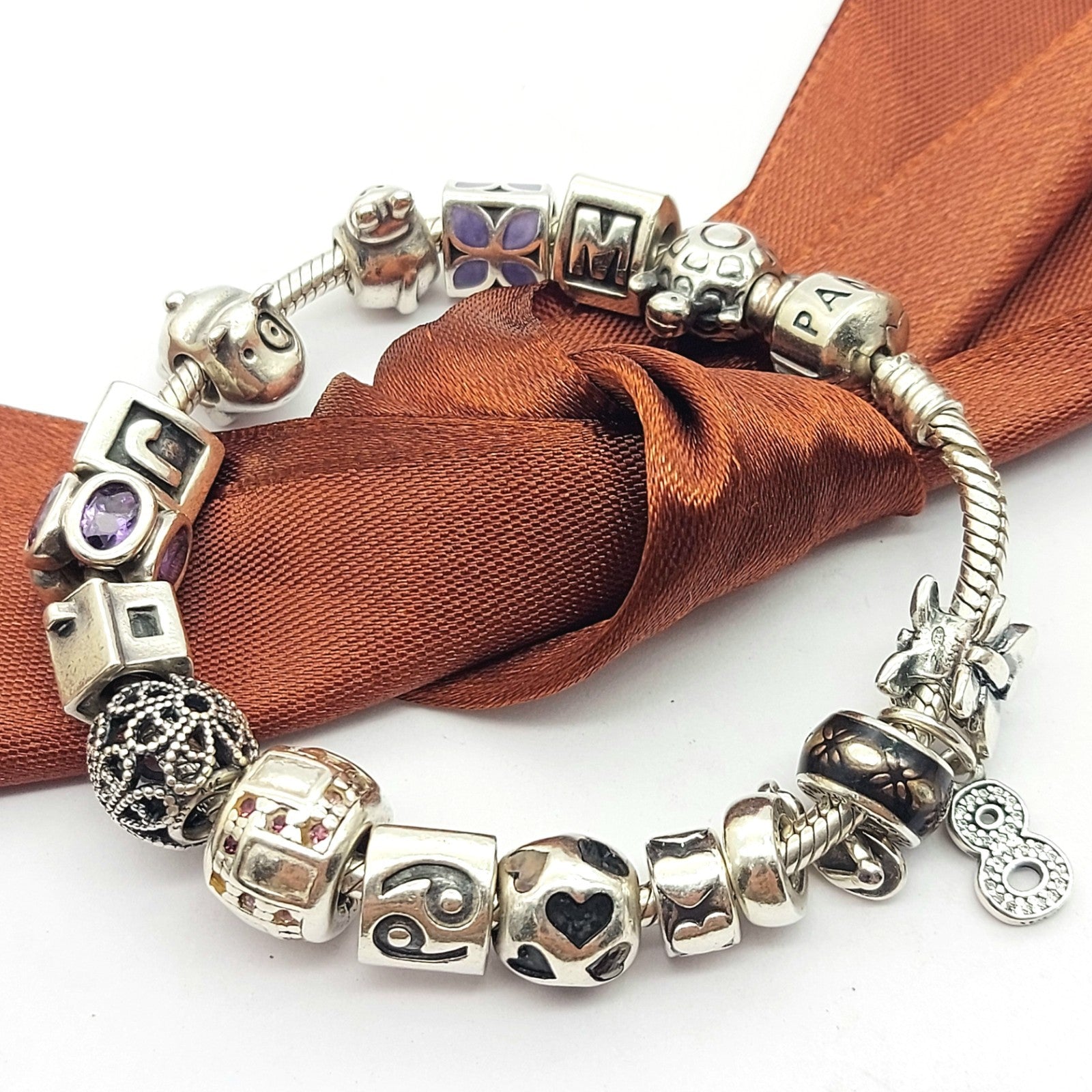 Ladies Authentic PANDORA Sterling Silver (925) Bracelet with 17x Assorted Charms