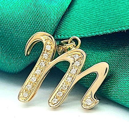 Ladies Yellow Gold 9ct (375, 9K) Letter 'M' High Quality 15 Diamantes Pendant