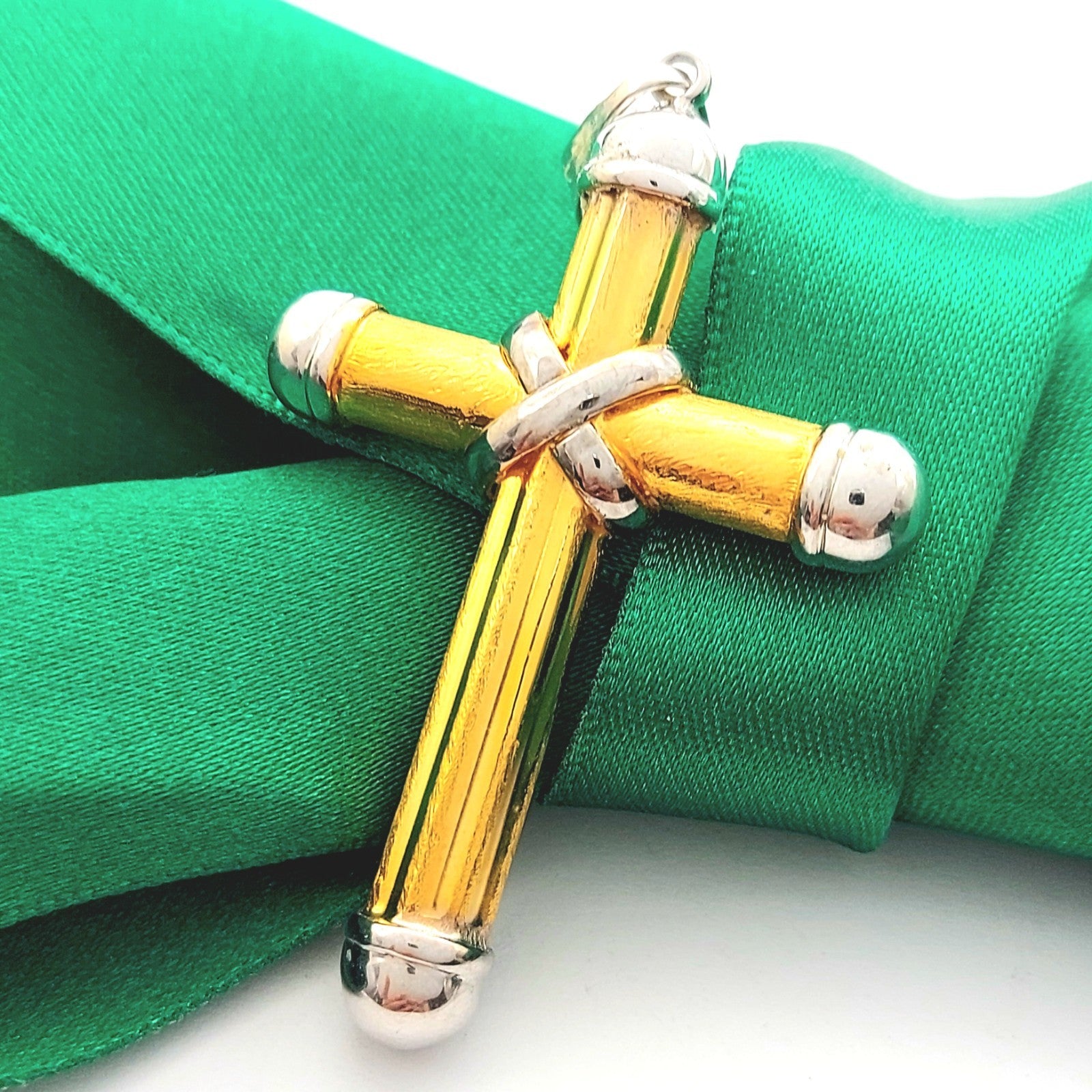 Textured Cross Two-Tone Gold 14ct (585, 14K) Large Puffy Pendant