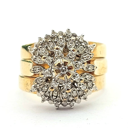 Vintage Yellow Gold 9ct (375,9K) Natural Diamonds Cluster 3 Stacker Rings