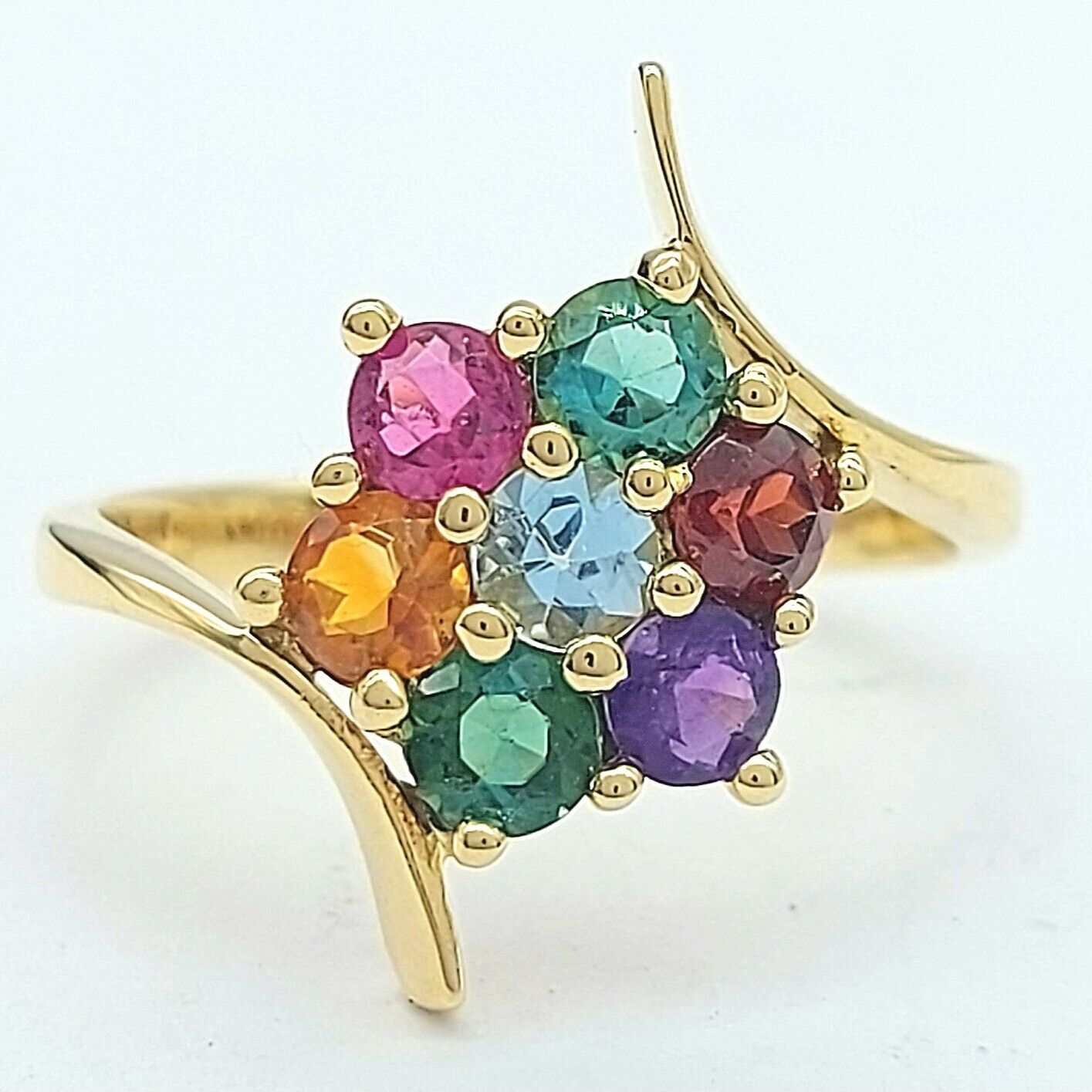 Ladies Yellow Gold 18ct(750,18k) High Quality Multi-Gemstones Flower Bypass Ring