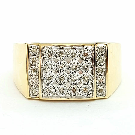 Square Signet Yellow Gold 9ct (375, 9K) Cluster (25pts) Natural Diamonds Ring