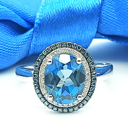 Ladies White Gold 14ct (585, 14K) Created Blue Oval Tourmaline & Diamonds Ring