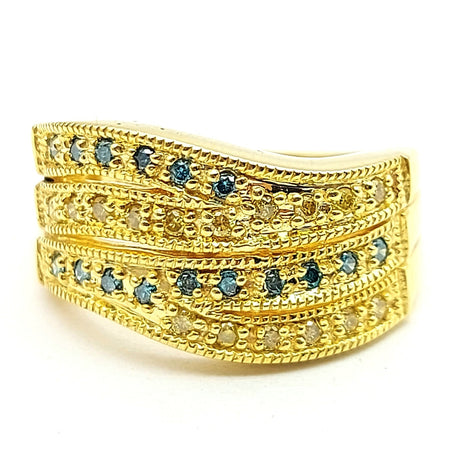 Ladies Yellow Gold 9ct (375,9K) Blue & Yellow Natural Diamonds (48pts) Wavy Ring