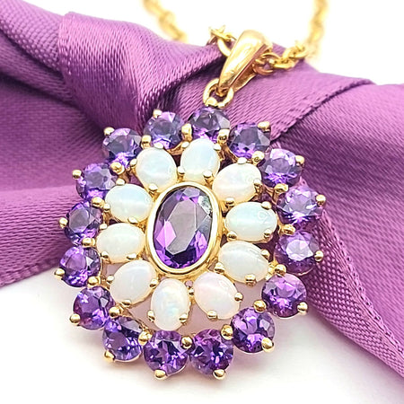 Floral Ornamental-Style Yellow Gold 9ct (375, 9K) Opal & Amethyst Pendant