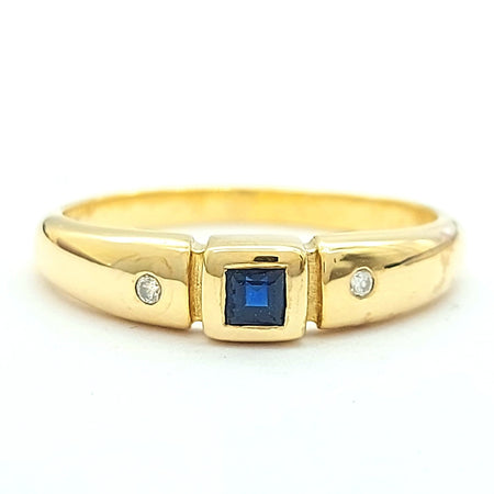 Ladies Yellow Gold 9ct (375, 9K) Princess Cut Natural Sapphire & Diamonds Ring