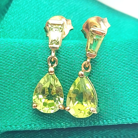 Ladies Yellow Gold 9ct (375, 9K) Natural Pear Peridot Birthstone Drop Earrings