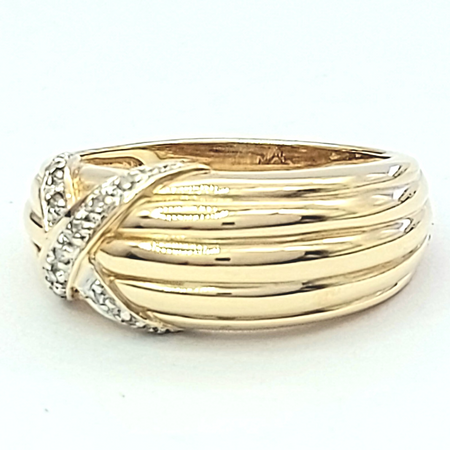 Ladies Yellow Gold 9ct (375, 9k) Natural Diamonds 'X' Patterned Dome Ring
