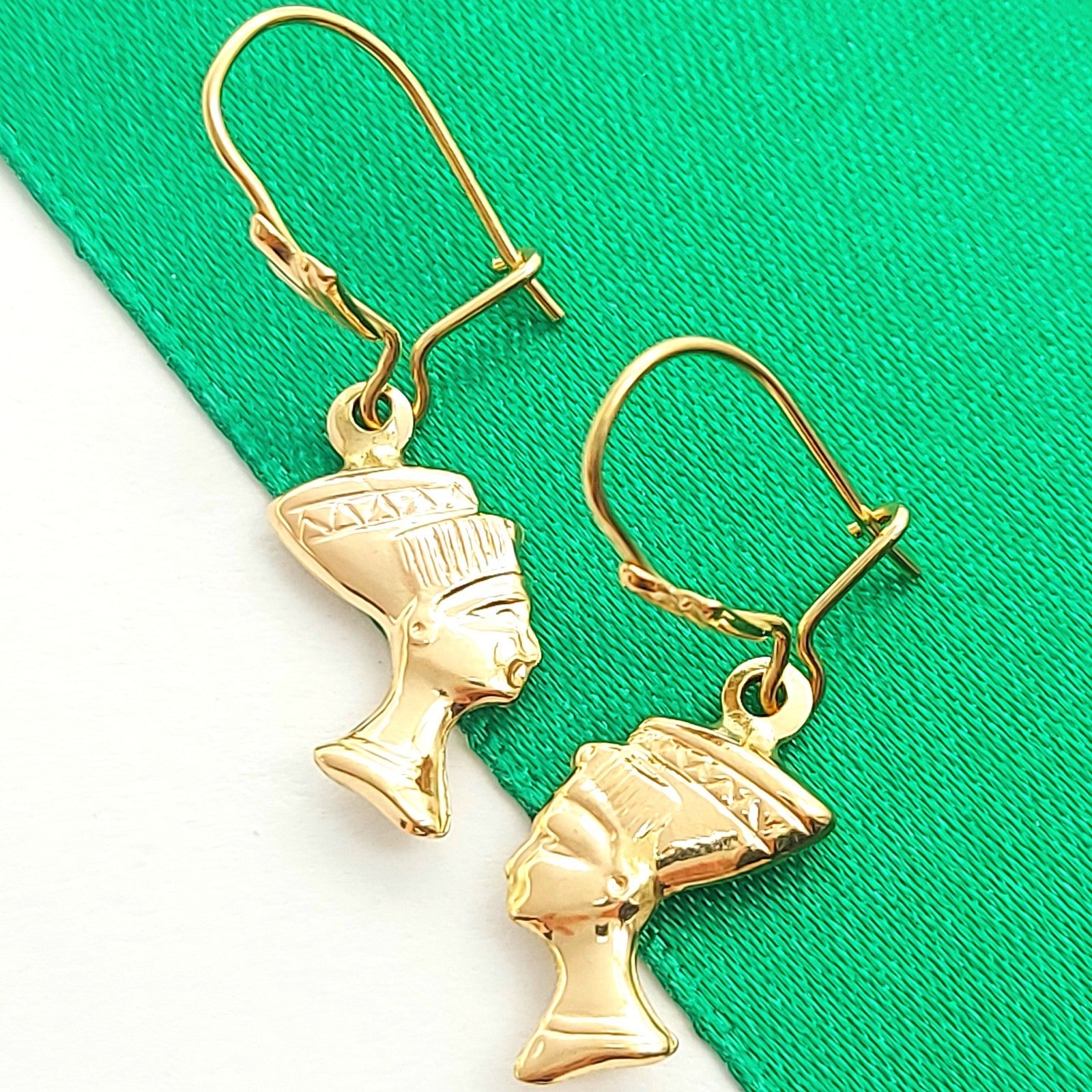 Ladies Yellow Gold 9ct (375, 9K) High Quality Nefertiti Drop Dangle Earrings