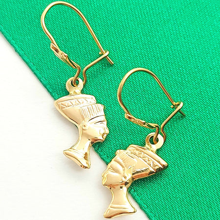 Ladies Yellow Gold 9ct (375, 9K) High Quality Nefertiti Drop Dangle Earrings