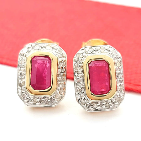 Ladies Yellow Gold 9ct (375,9k) Natural Baguette Ruby & Diamonds Stud Earrings