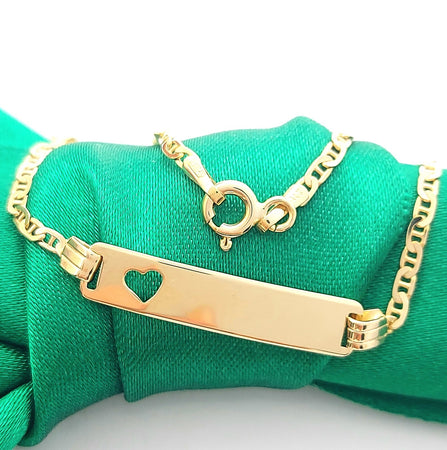 Ladies Yellow Gold 9ct (375, 9K) Mariner Curb Heart ID Link Bar Bracelet