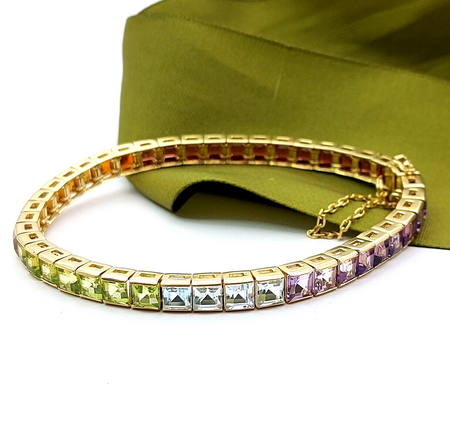 Ladies Yellow Gold 14ct (585, 14K) Tennis Rainbow Multicolored Stone Bracelet