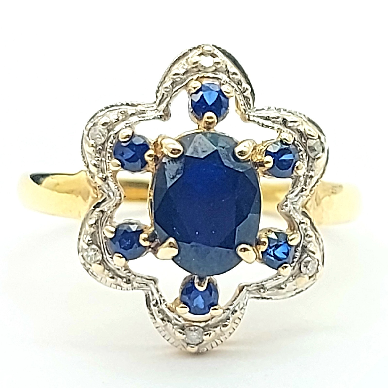 Ladies Yellow Gold 9ct (375, 9K) Vintage Created Sapphire & Diamonds Floral Ring
