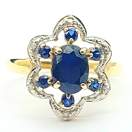 Ladies Yellow Gold 9ct (375, 9K) Vintage Created Sapphire & Diamonds Floral Ring