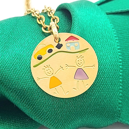 Round Yellow Gold 18ct (750, 18K) Enamel House, Car & Children Design Pendant