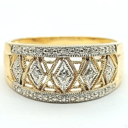 Ladies Yellow Gold 9ct (375,9K) Natural Diamond Chip (10pts) Openwork Dress Ring