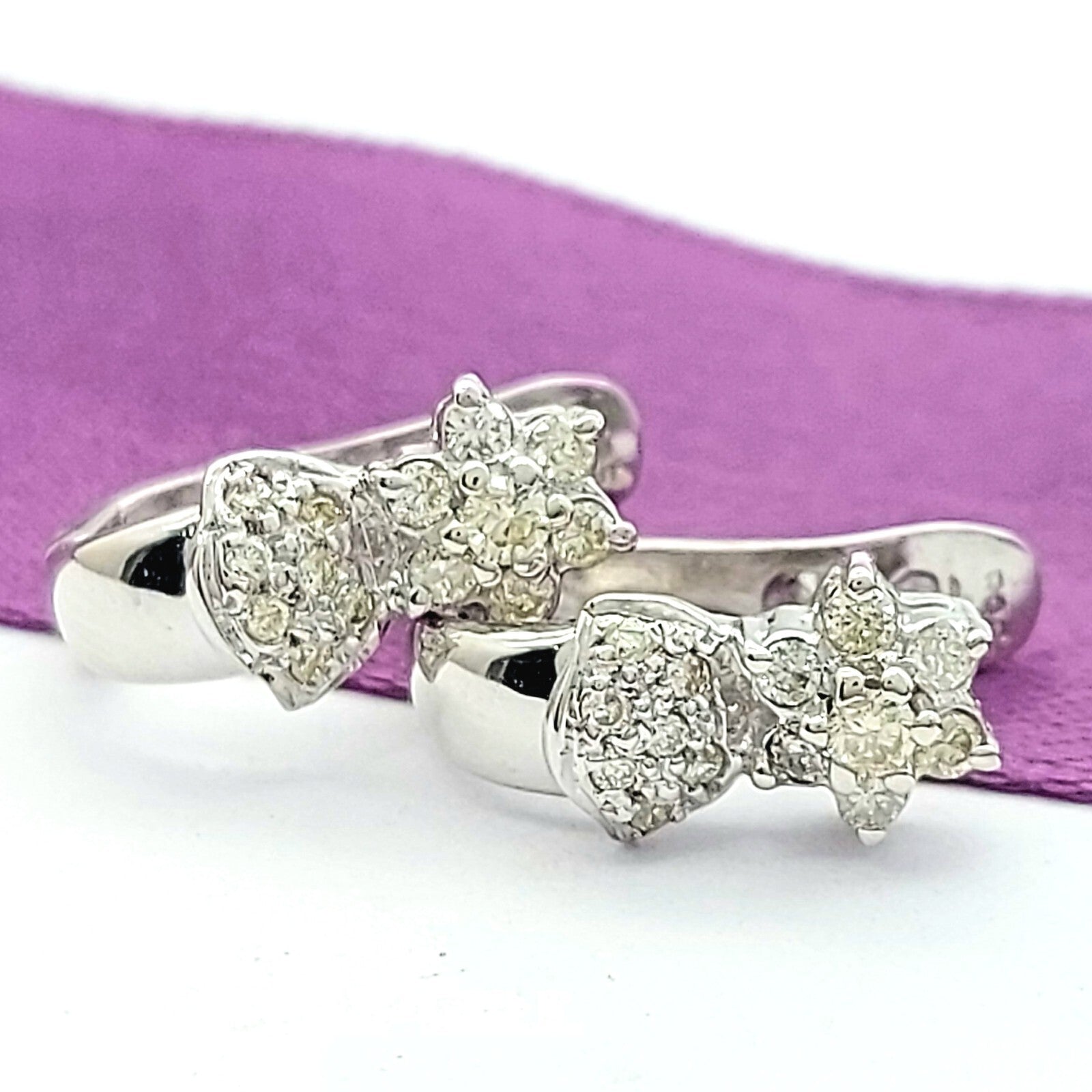 Ladies White Gold 14ct (585,14k) Vintage Natural Diamond Floral Huggies Earrings