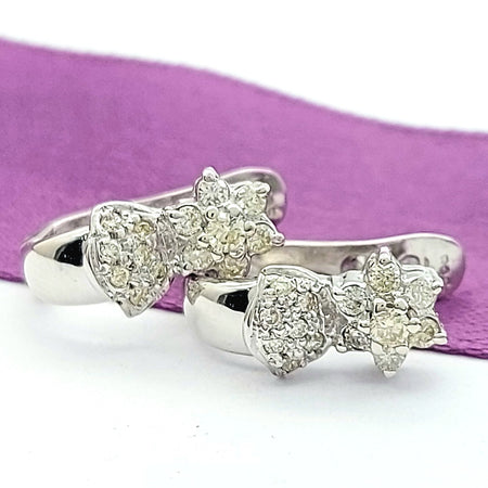 Ladies White Gold 14ct (585,14k) Vintage Natural Diamond Floral Huggies Earrings