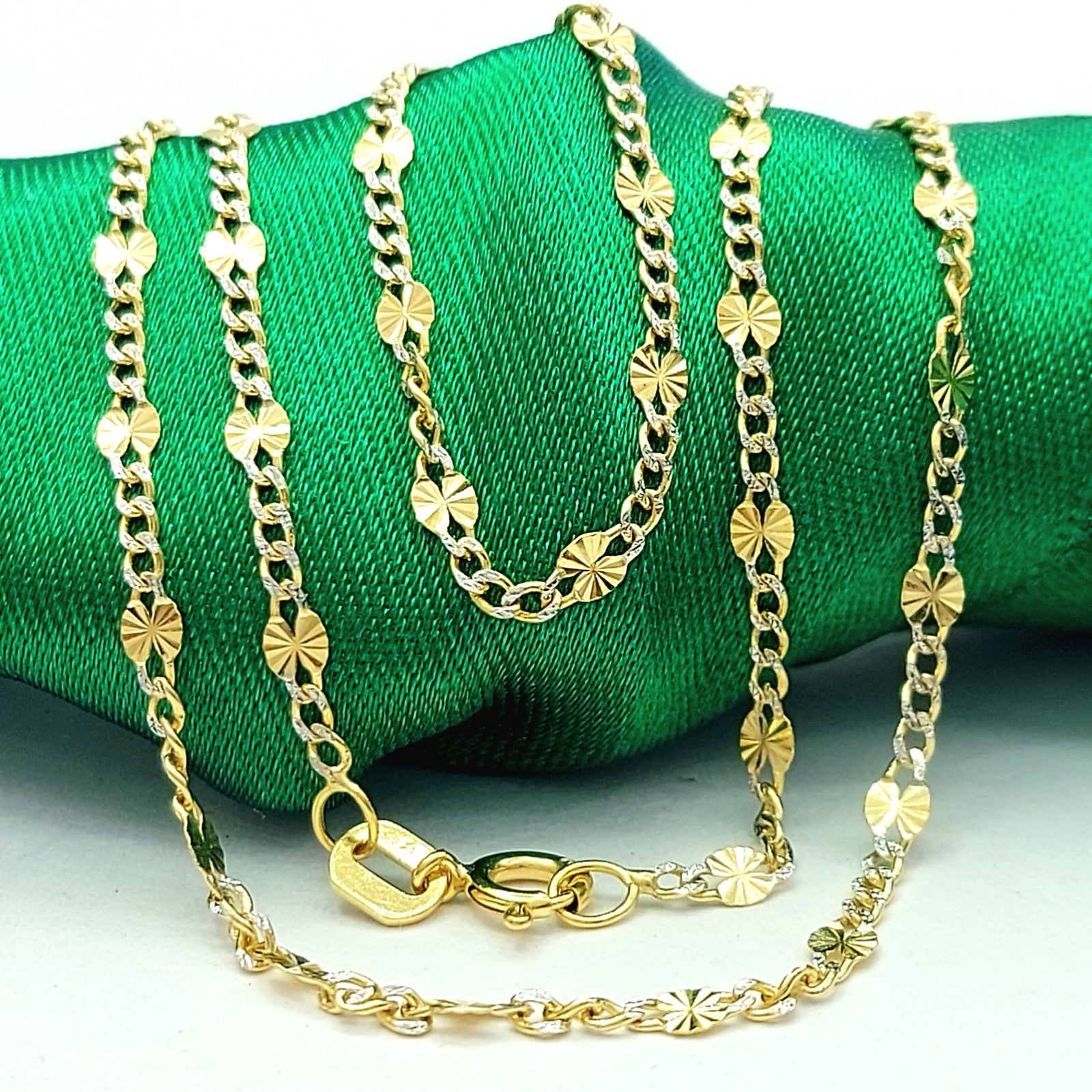 Unique Dainty Starburst Pattern Two-Tone Gold 18ct (750, 18K) Curb Link Necklace