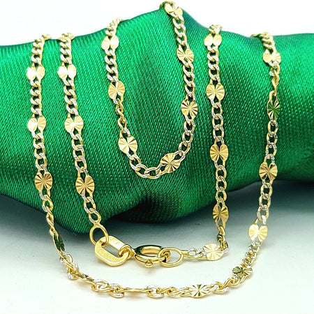 Unique Dainty Starburst Pattern Two-Tone Gold 18ct (750, 18K) Curb Link Necklace
