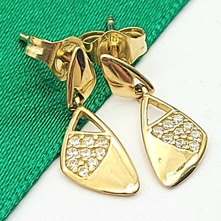 Ladies Yellow Gold 9ct (375 ,9k) Triangular Drop Dangle Diamantes Stud Earrings