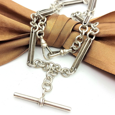 Solid Antique Sterling Silver (925) Unique Coil Link & T-Bar Chain Necklace